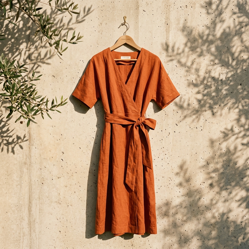 Terracotta Linen Wrap Dress - Aura Boutique